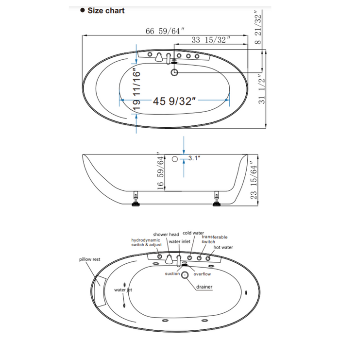 Empava 67" Freestanding Whirlpool Bathtub with Center Drain | EMPV-67AIS13