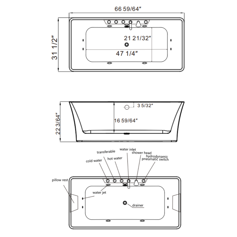 Empava 67" Freestanding Whirlpool Bathtub with Center Drain | EMPV-67AIS16