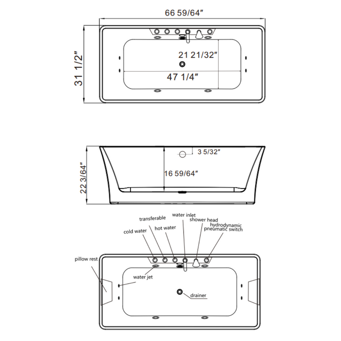 Empava 67" Freestanding Whirlpool Bathtub with Center Drain | EMPV-67AIS16