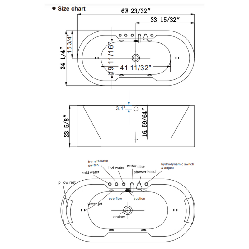 Empava 67" Freestanding Whirlpool Bathtub with Center Drain | EMPV-67AIS17