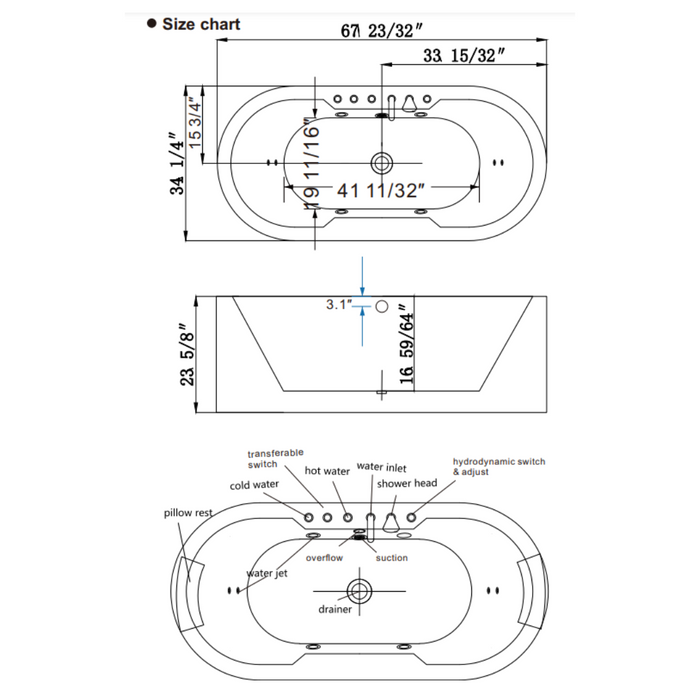 Empava 67" Freestanding Whirlpool Bathtub with Center Drain | EMPV-67AIS17