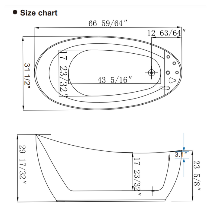 Empava 67" Freestanding Whirlpool Bathtub with Reversible Drain | EMPV-67AIS05