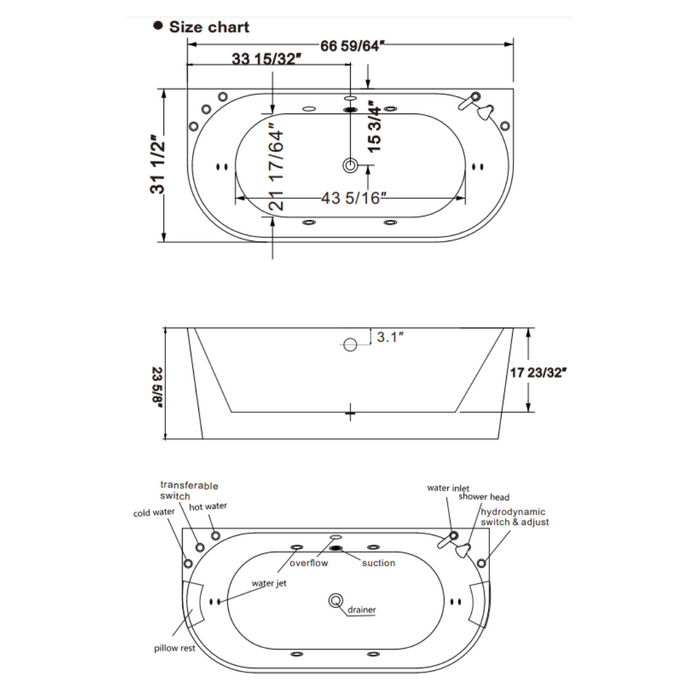 Empava 67" Freestanding Whirlpool Bathtub with Reversible Drain | EMPV-67AIS07