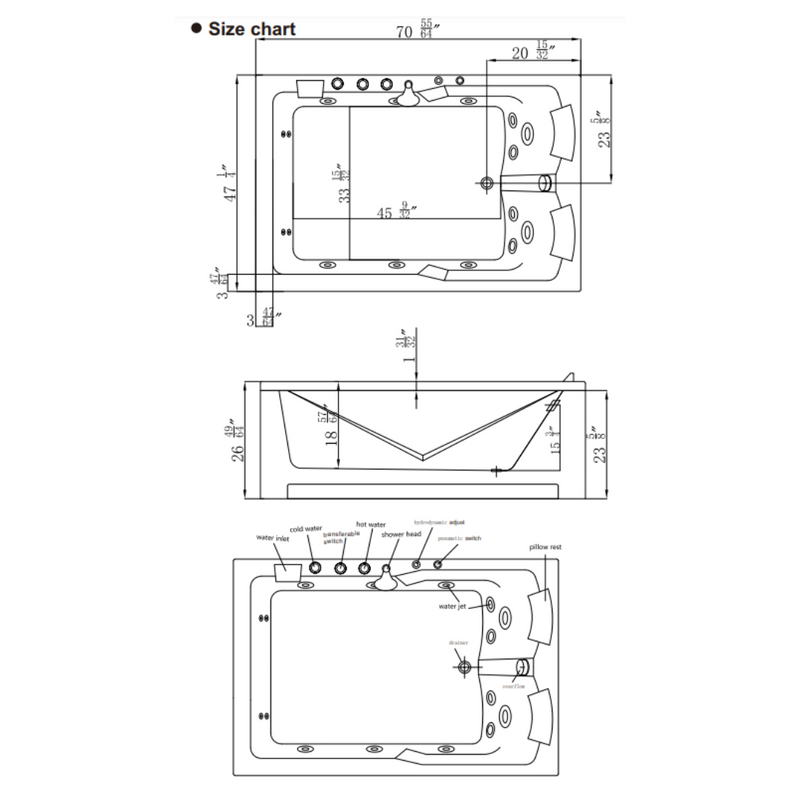 Empava 71" Alcove Whirlpool 2-Person Tub with Left Drain | EMPV-71JT667B