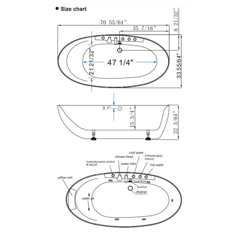 Empava 71" Freestanding Whirlpool Oval Bathtub with Center Drain | EMPV-71AIS14