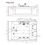 Technical size chart and diagram of a whirlpool bathtub with detailed measurements and component labels, showing top and front views.