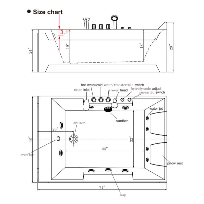 Technical size chart and diagram of a whirlpool bathtub with detailed measurements and component labels, showing top and front views.