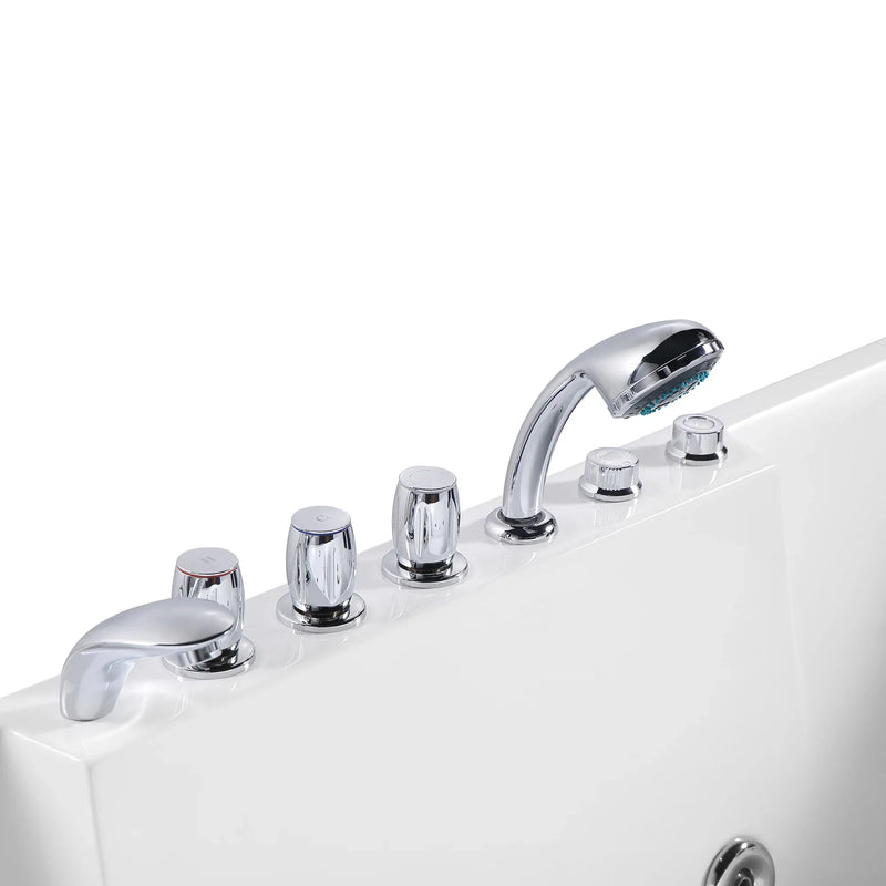 Chrome bathtub faucet with multiple knobs and a detachable handheld showerhead on a white tub edge.