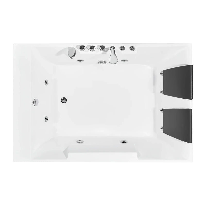 White rectangular bathtub with multiple water jets, faucet, and black side panels viewed from above.