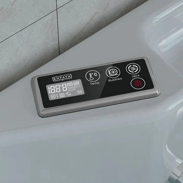 Digital control panel for bathtub or spa with temperature, bubbles, and jet settings displayed on screen.