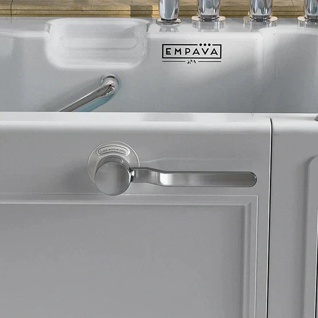 Close-up of white Empava spa hot tub with metallic handle and control knobs, sleek modern design.