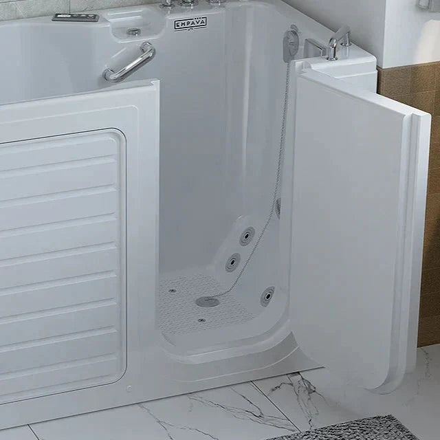 White walk-in bathtub with side door, safety grab bar, and textured non-slip floor, designed for accessibility and ease of entry.