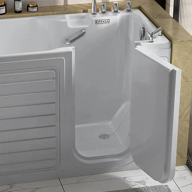 Walk-in bathtub with side door open, featuring low-entry threshold for easy accessibility and safety.