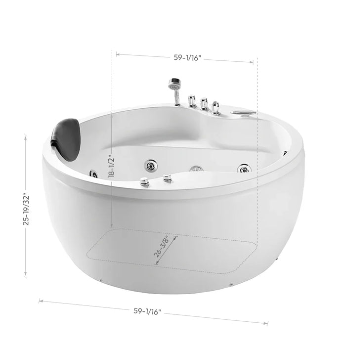Round white bathtub with multiple jets, curved design, technical measurement lines showing dimensions of 59-1/16" wide and 25-19/32" tall.