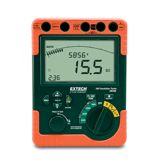 Extech 380395 digital front view orange black case voltage reading.