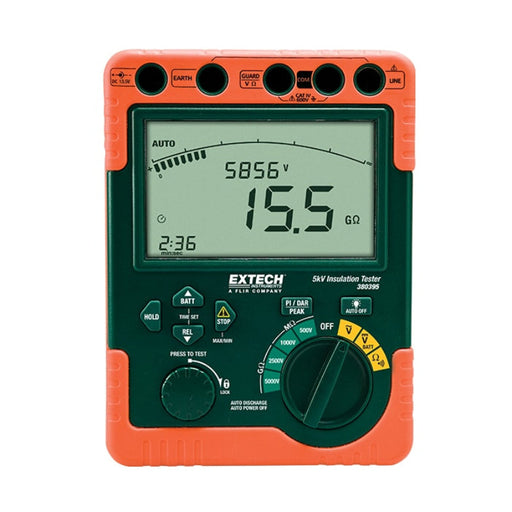 Extech 380396 digital front view orange and green case lcd display high voltage reading.