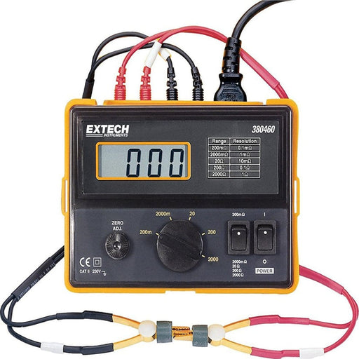 Extech 380462 Nist 220v portable precision milliohm meter with nist calibration black yellow meter with red and black leads.