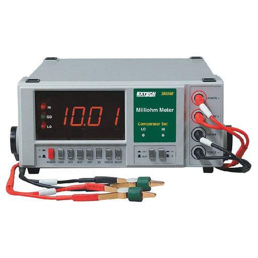 Extech 380560 NIST front view digital display with test leads.