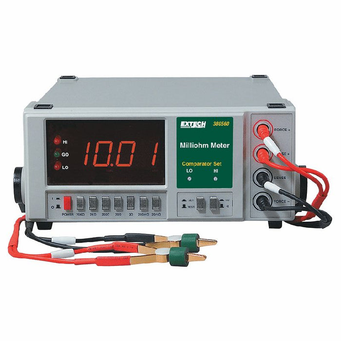 Extech 380560 NIST front view digital display with test leads.