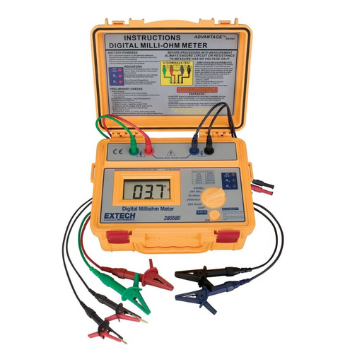 Extech 380580 open case digital milliohm meter yellow body instruction labels test leads.
