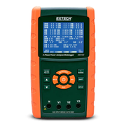 Extech 382100 1200A 3 Phase Power Analyzer Datalogger front view orange rubber case blue screen.