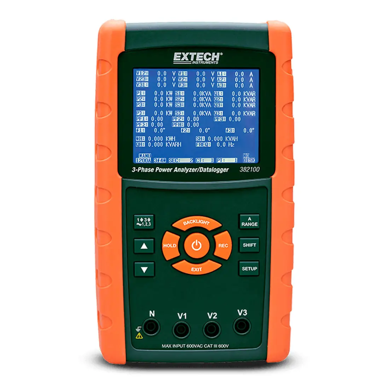 Extech 382100 1200A 3 Phase Power Analyzer Datalogger front view orange rubber case blue screen.