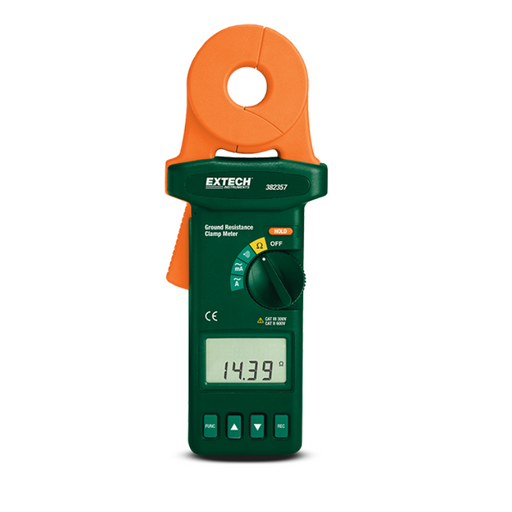 Extech 382357 clamp on front view orange jaw digital screen.