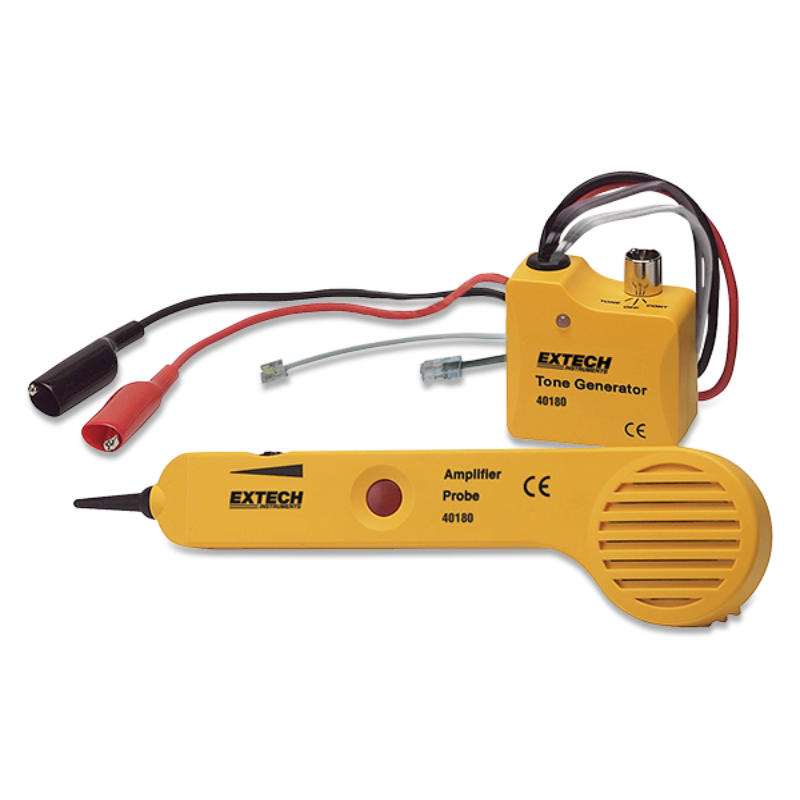 Extech 40180 Tone Generator Amplifier Probe Kit yellow case red black wires flat lay view.