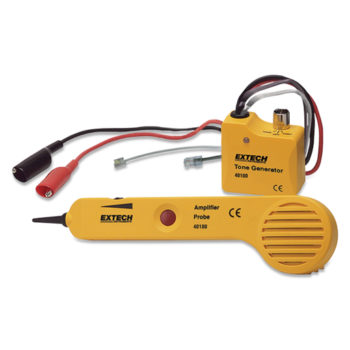 Extech 40180 Tone Generator Amplifier Probe Kit yellow case red black wires flat lay view.