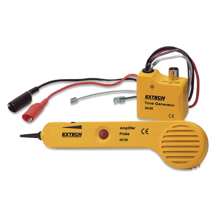 Extech 40180 Tone Generator Amplifier Probe Kit yellow case red black wires flat lay view.