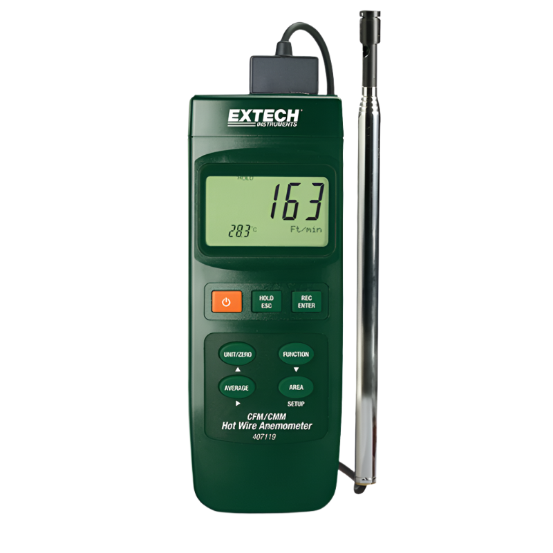 Extech 407119 Heavy Duty Cfm Hot Wire Thermo Anemometer front view digital display probe attached green body 1 2