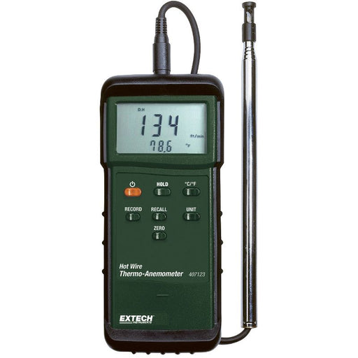 Extech 407123 NIST front view dark green body lcd screen hot wire probe.