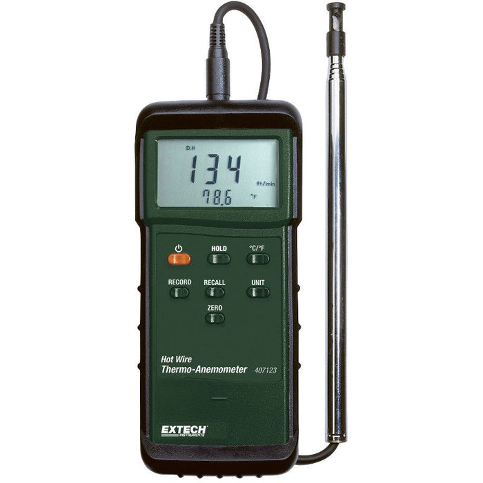 Extech 407123 NIST front view dark green body lcd screen hot wire probe.