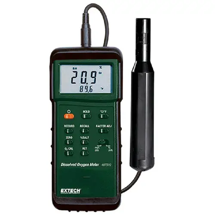 Extech 407510 Dissolved Oxygen Meter heavy duty front view with holster and probe.