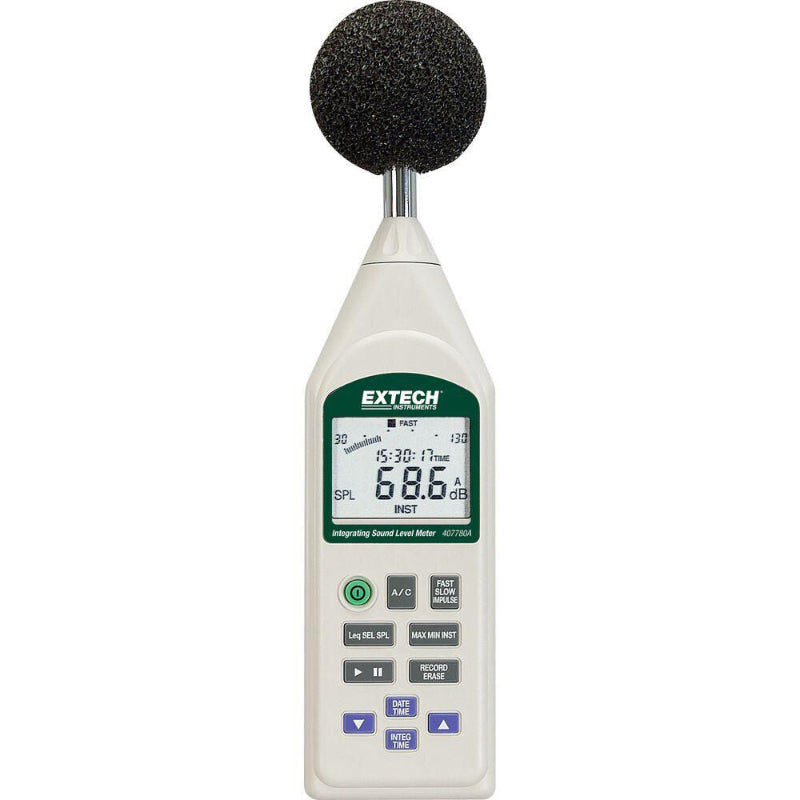 Extech 407780A integrating sound level datalogger front view digital display foam windscreen.
