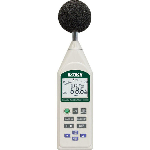 Extech 407780A integrating sound level datalogger front view digital display foam windscreen.