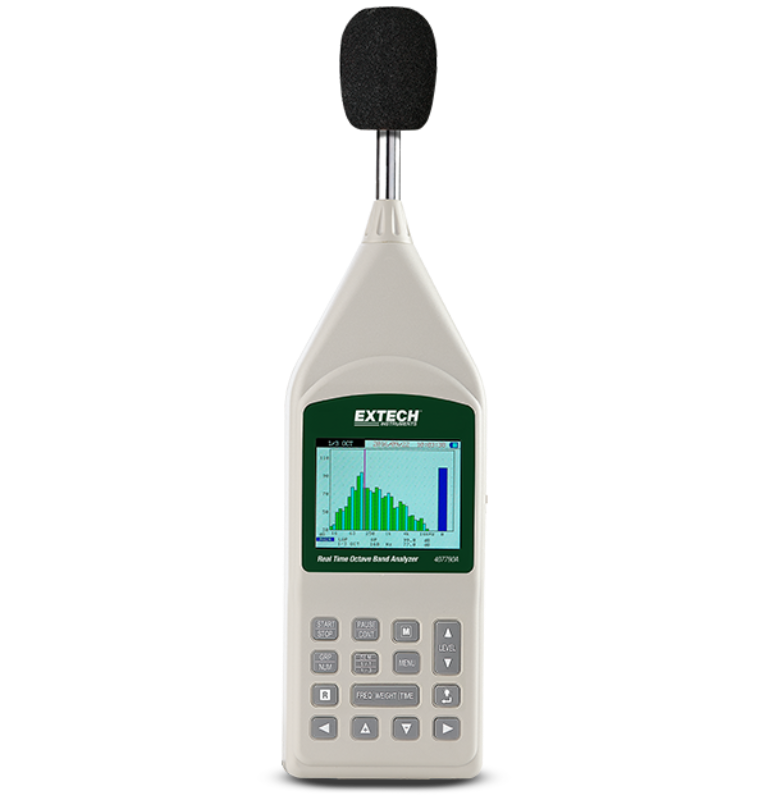Extech 407790A front view white body digital display sound analyzer 1.