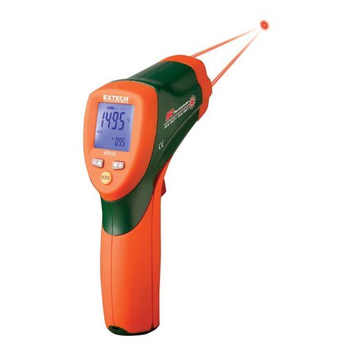 Extech 42512 dual laser infrared thermometer side view orange green handle lcd display 186F.