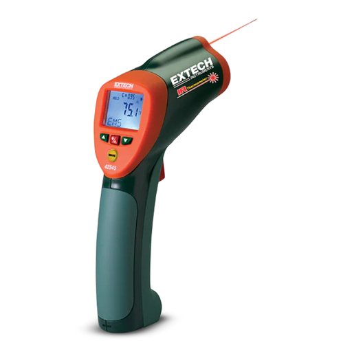 Extech 42570 wide range dual laser thermometer angled view black orange body blue backlit screen laser targeting.