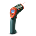 Extech 42570 wide range dual laser thermometer angled view black orange body blue backlit screen laser targeting.