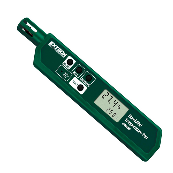 Extech 445580 Humidity and Temperature Pen front view dark green body digital display temperature humidity reading.