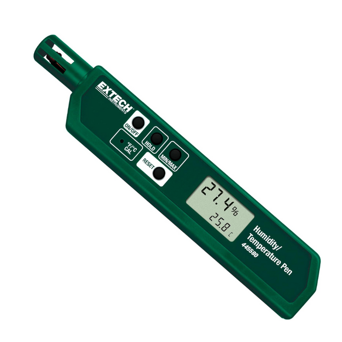 Extech 445580 Humidity and Temperature Pen front view dark green body digital display temperature humidity reading.