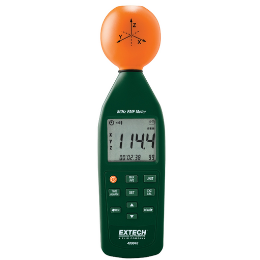 Extech 480846 front view orange sensor dome digital display buttons.