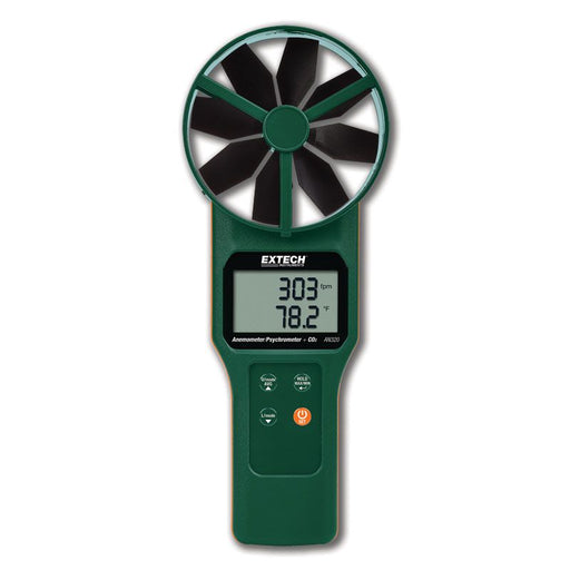 Extech AN310 NIST front view large vane anemometer digital display.