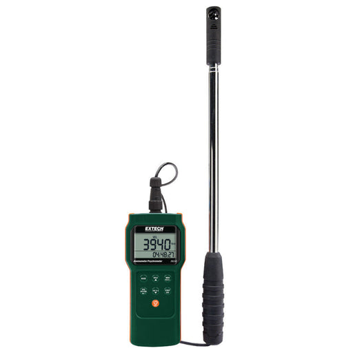 Extech AN340 CMM CFM Anemometer Psychrometer Datalogger front view handheld device with probe display showing readings.