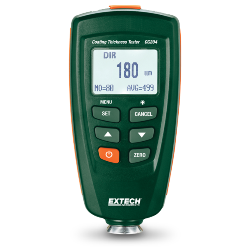 Extech CG204 front view digital display green body orange button.