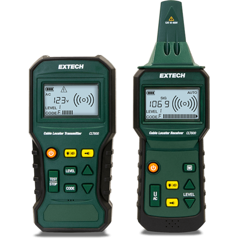 Extech CLT600 Advanced Cable Locator and Tracer Kit front view two units display on screens yellow black buttons.