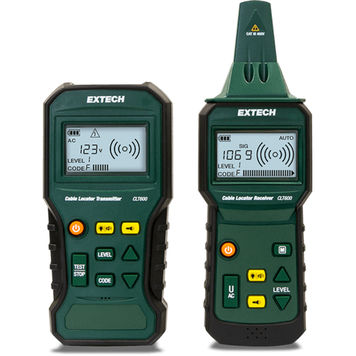 Extech CLT600 Advanced Cable Locator and Tracer Kit front view two units display on screens yellow black buttons.