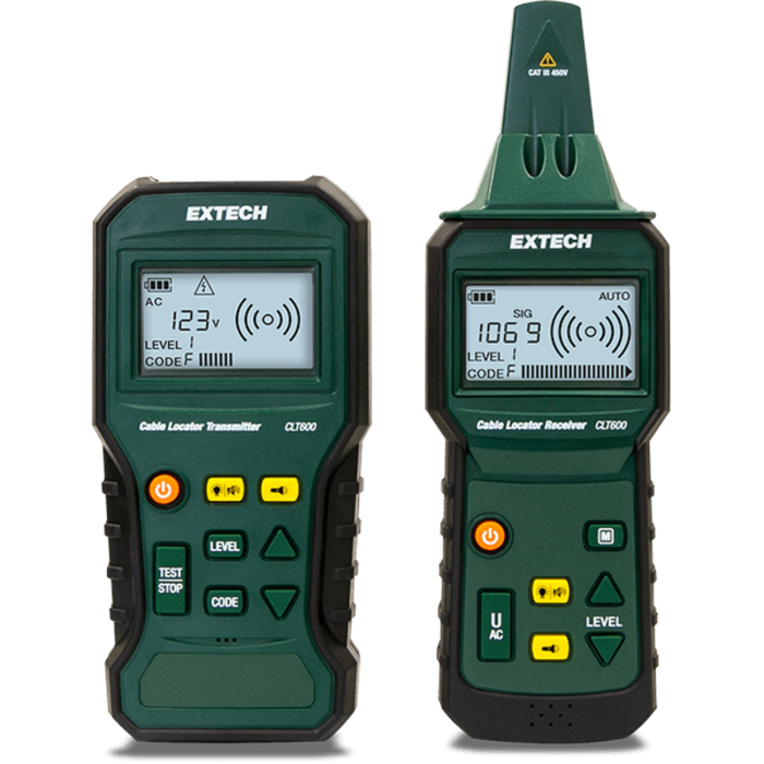 Extech CLT600 Advanced Cable Locator and Tracer Kit front view two units display on screens yellow black buttons.