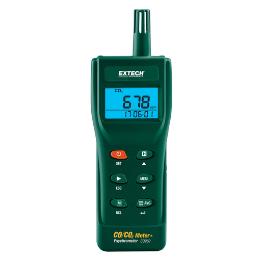 Extech Co260 front view digital display showing co2 readout.